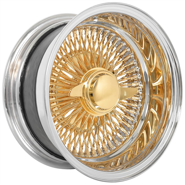 PLAYER WIRE WHEEL 13X7 REVERSE GOLD CENTER 100 SPOKE WITH ADAPTERS & KNOCKOFFS