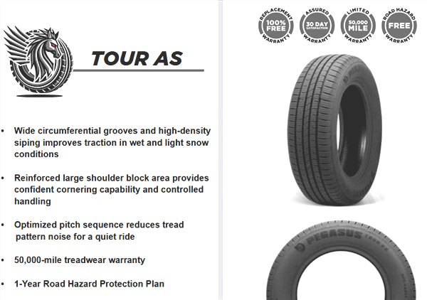 205/70R15 PEGASUS TOUR A/S 96H 560A-A 50K+ ROAD HAZARD