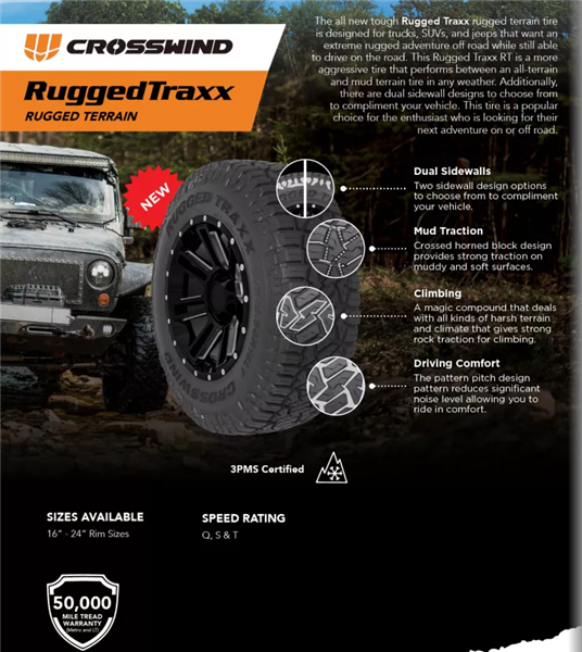 275/55R20 CROSSWIND RUGGED TRAXX R/T 117Q XL 600 A-B 50K+ ROAD HAZARD