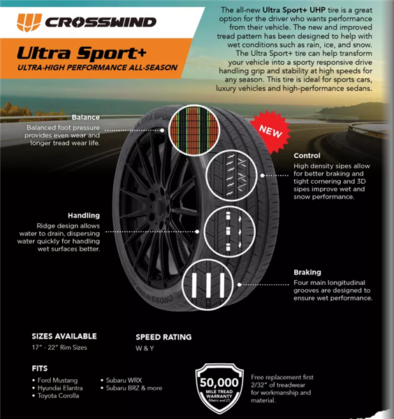 275/35R22 CROSSWIND ULTRA SPORT+ 104Y XL 520 A-A 50K+ ROAD HAZARD