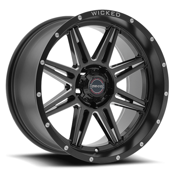 20X10 WICKED 905 5X127 -12MM C.B. 71.5 SATIN BLACK MILLED RIVET