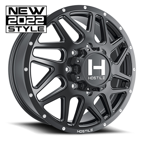 22X8.25 HOSTILE H401 8X200 +123MM C.B 142.2 ASPHALT ( SATIN BLACK ) DUALLY FRONT