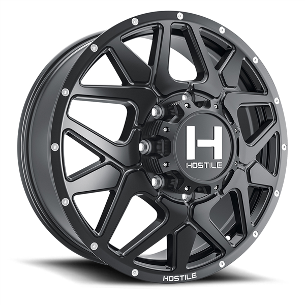 22X8.25 HOSTILE H402 8X210 +123MM C.B 154.3 ASPHALT ( SATIN BLACK ) DUALLY FRONT