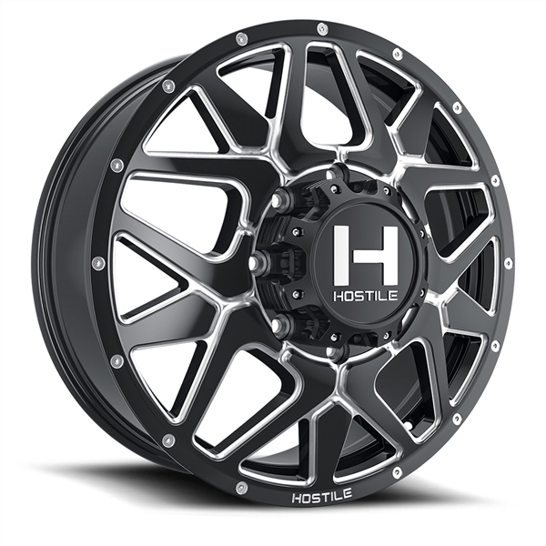 22X8.25 HOSTILE H402 8X210 +123MM C.B 154.3 BLADE CUT ( BLACK MILLED ) DUALLY FRONT
