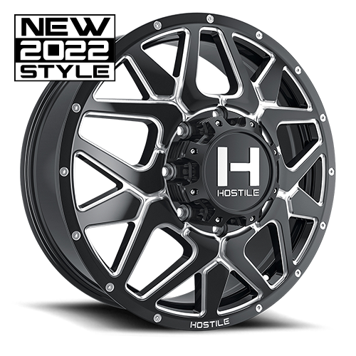 22X8.25 HOSTILE H402 8X200 +123MM C.B 142.2 BLADE CUT ( BLACK MILLED ) DUALLY FRONT