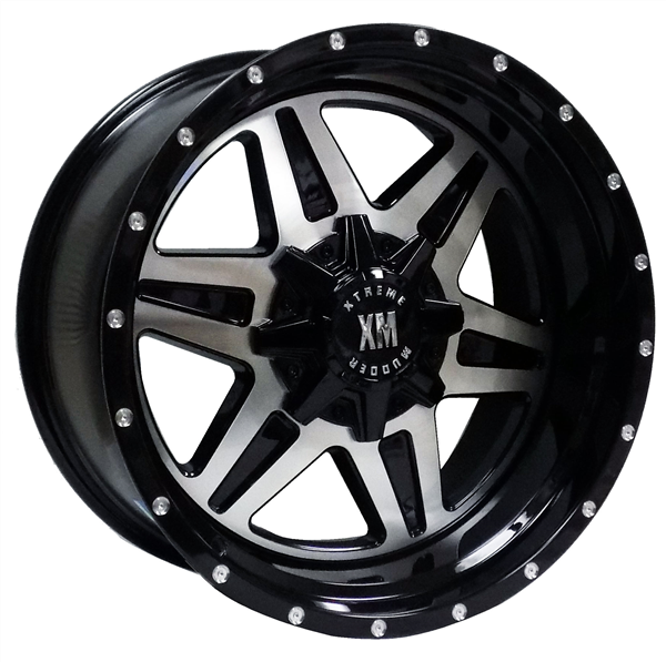 XTREME MUDDER XM-317 E18 22X10-24 6X135+6X139.7 C.B 106.40 GLOSS BLACK POLISH FACE MILLING RIVET