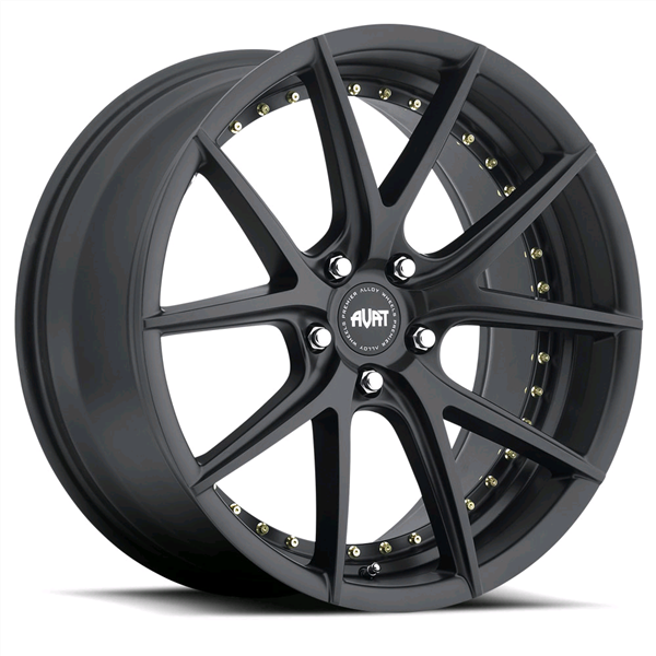 AVAT AV1 20X9.5+40 5X112 MATTE BLACK (UNDER CUT) GOLD RIVETS*** STAGGERED***