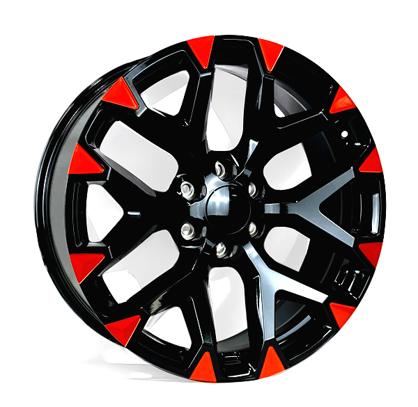 SNOWFLAKE CHEVY REPLICA 201X 22X9+24 6X139.7 (6X5.5) C.B 78.1 GLOSS BLACK \V\" MILLED SPOKE ORANGE"