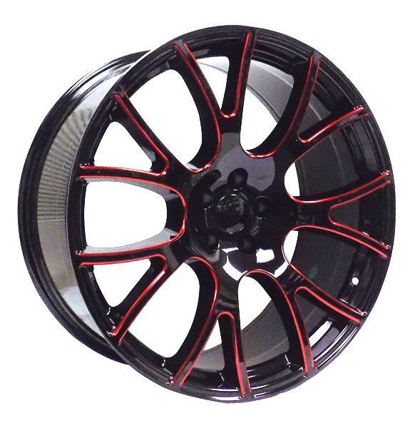 LT708 DODGE HELLCAT SRT REPLICA 22X10+18 5X115 C.B 71.50 GLOSS BLACK RED MILLED