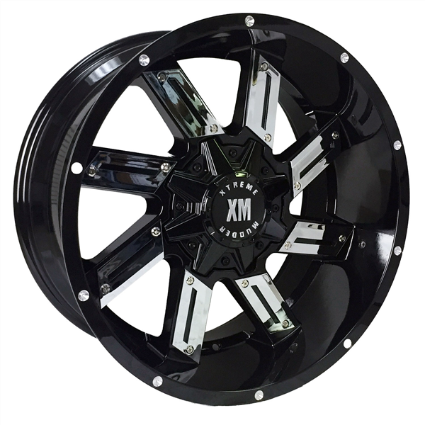 XTREME MUDDER XM-319 7231-53 20X12-44 8X180 C.B 125 GLOSS BLACK CHROME INSERTS