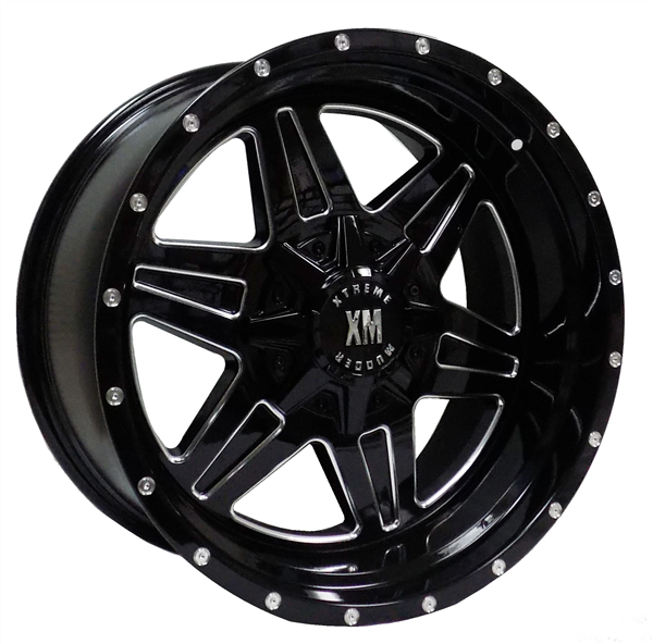 XTREME MUDDER XM-317 E18 22X10-24 6X135+6X139.7 C.B 106.40 GLOSS BLACK MILLING WINDOW MILL RIVET