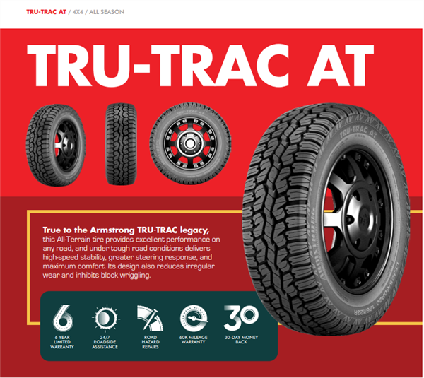 LT285/70R17 ARMSTRONG TRU-TRAC A/T 121/118S 10PLY M+S 60K+ ROAD HAZARD