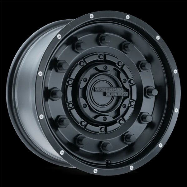AMERICAN OUTLAW DUSTY ROAD 20X9-5 6X139.7 C.B-106.1 BKMT SATIN BLACK W/MILLED DIMPLE-BLACK RIVET