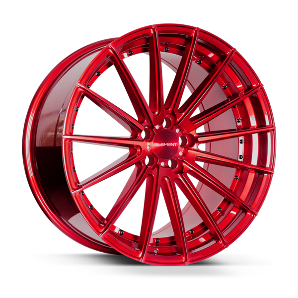 EL15 22X9 5X112 +30 CB66.56 BRUSHED CANDY RED W BLACK RIVETS