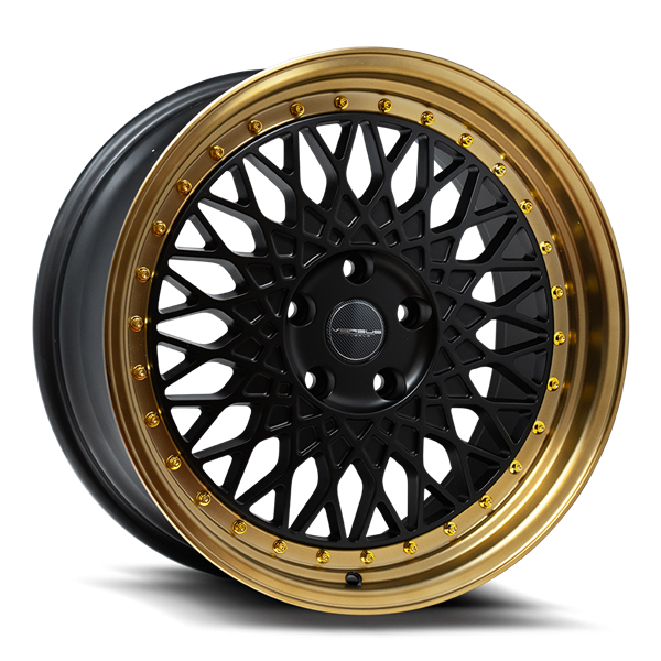 VS08 17X8 5X120 +35MM 73.1 MATTE BLACK BRONZE LIP W/GOLD RIVETS