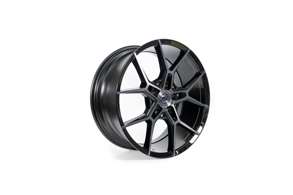 20X9+38 SELECT PRECISION ALLOYS ALPINE 5X112 5.74 66.53 GLOSSY BLACK BRUSHED DDT FACE CLEAR