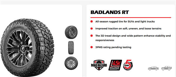37X13.50R22LT MASTERTRACK BADLANDS R/T 128Q 12PLY 12PLY 45K + ROAD HAZARD