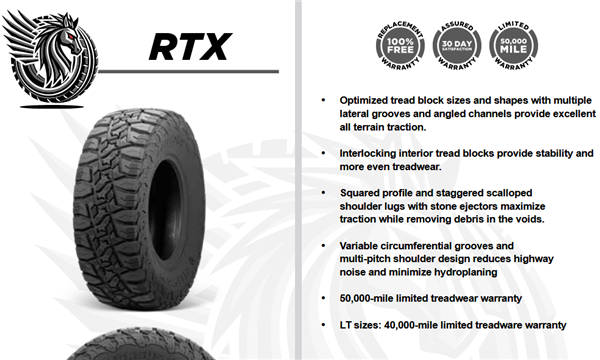 LT285/55R20 PEGASUS RTX R/T 122/119S 10PLY 40K+ ROAD HAZARD