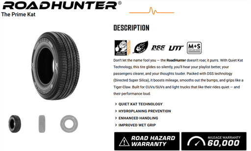 [I-0134251] 265/65R17 COSMO ROAD HUNTER 112H M+S 560A-A 60K + ROAD HAZARD