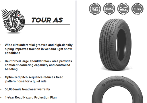 [1791117702] 225/60R17 PEGASUS TOUR A/S 99V 560A-A 50K+ ROAD HAZARD
