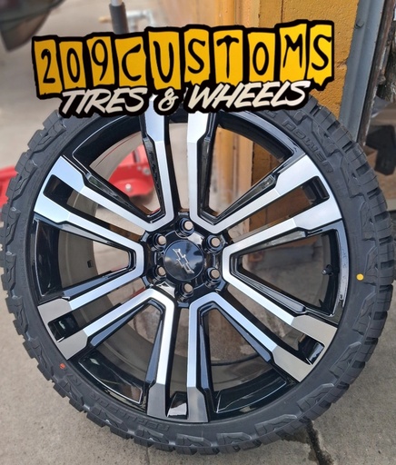 (SET OF 4) 24" CHEVY / GMC REPLICAS BLACK MACHINED WITH ALL TERRAIN TIRES