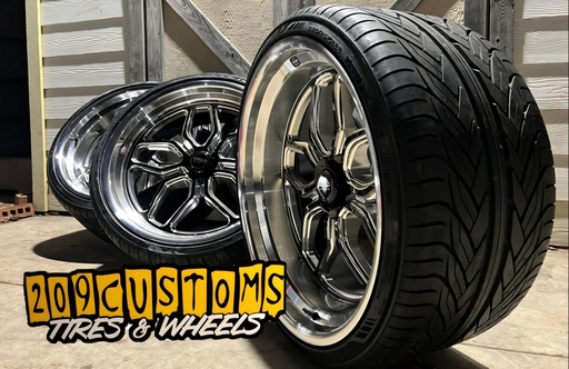 (SET OF 4) 22" WELD VENTURA BLACK AND MILLED, 5X127 FOR C-10 FRONTS ARE 22X8.5 REARS ARE 22X12  ET +6 BS 6.75 FRONT TIRES ARE 255-30-22 AND REAR TIRES ARE 315-30-22 COMES MOUNTED AND BALANCED WITH LUGS AND SHIPPING