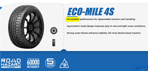 [TS4S063] 275/55R20 TRAVELSTAR ECO-MILE 4S 117V XL ALL-WEATHER 520A-A 60K+ ROAD HAZARD