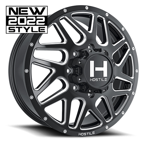 [H401-22828210+123B] 22X8.25 HOSTILE H401 8X210 +123MM C.B 154.3 BLADE CUT ( BLACK MILLED ) DUALLY FRONT