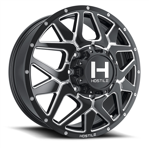 [H402-22828210+123B] 22X8.25 HOSTILE H402 8X210 +123MM C.B 154.3 BLADE CUT ( BLACK MILLED ) DUALLY FRONT