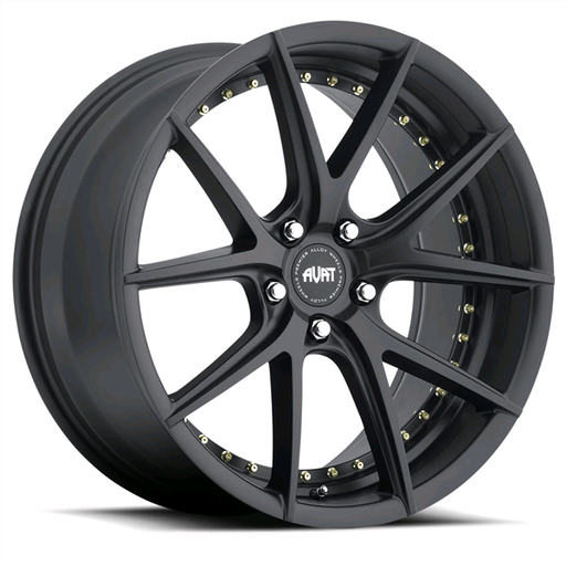 [20165E015145LT] AVAT AV1 20X9.5+38 5X114.3 C.B 73.10 MATTE BLACK W/ GOLD RIVET