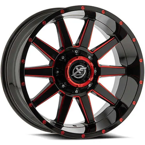 [XF-220189081651170+12GBRM] XF OFFROAD-XF220 GLOSS BLACK/RED MILLED 18X9 8X165.1/8X170 +12 +125.2 *NC*