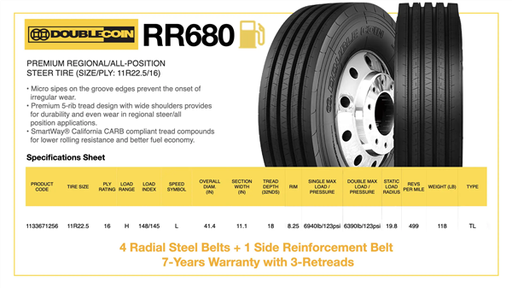 [1133671256] 11R22.5 16PR DOUBLE COIN RR680 148/145L "A/P"