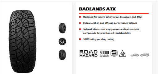 [MASTATX010] 255/55R18 MASTERTRACK BADLANDS ATX 109V XL 620A-B 50K+ ROAD HAZARD